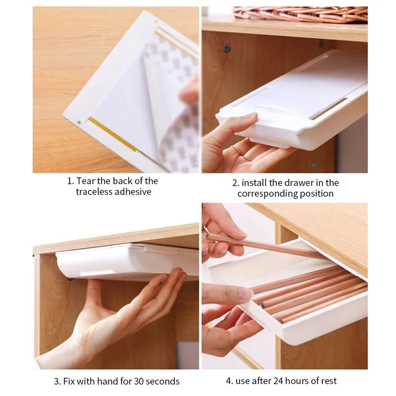 Hidden Under-Desk Storage Drawer – Self-Adhesive Organizer for Stationery & Accessories