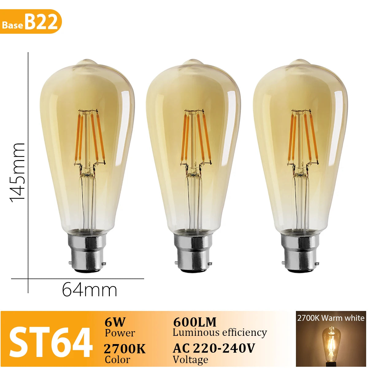 3PCS Vintage Edison LED Bulbs – E27/B22/E14 – Warm Retro Glass Light (C35/A60/ST64)