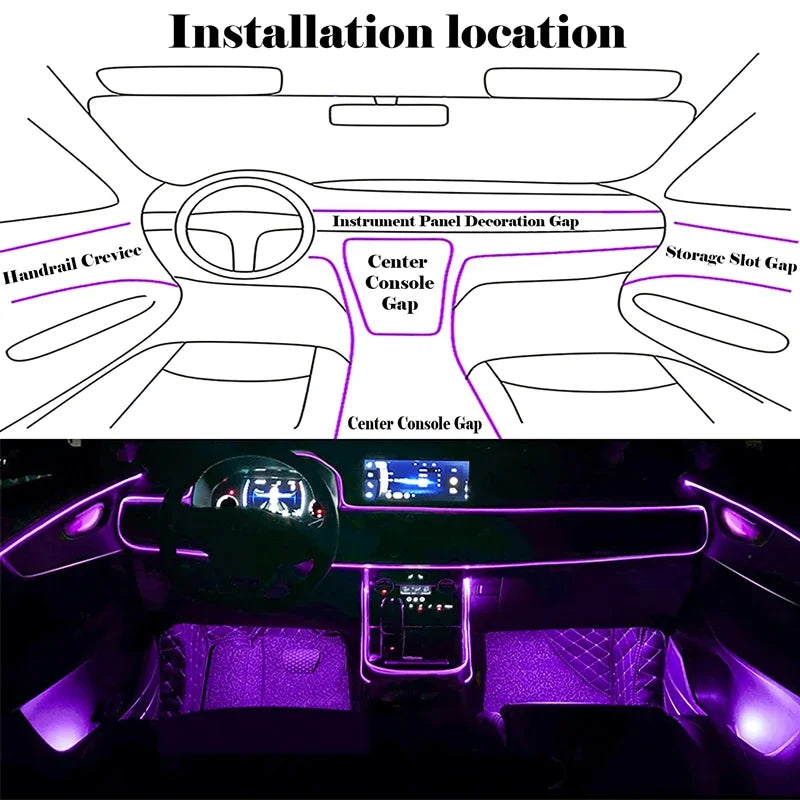 Flexible Neon EL Wire Light – RGB LED Strip with App Control for Car Interior Decoration (12V)