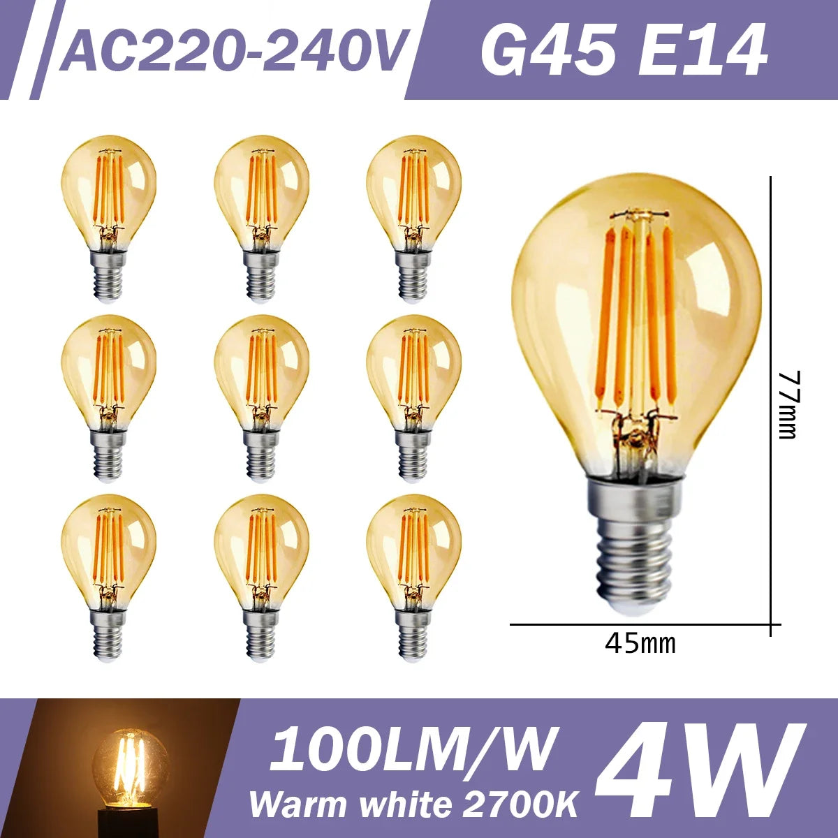 10 LED Filament Bulbs – Retro Style, E27 E14 B22, 220V, Warm & Neutral White, G45 A60 G80 G95 Shapes