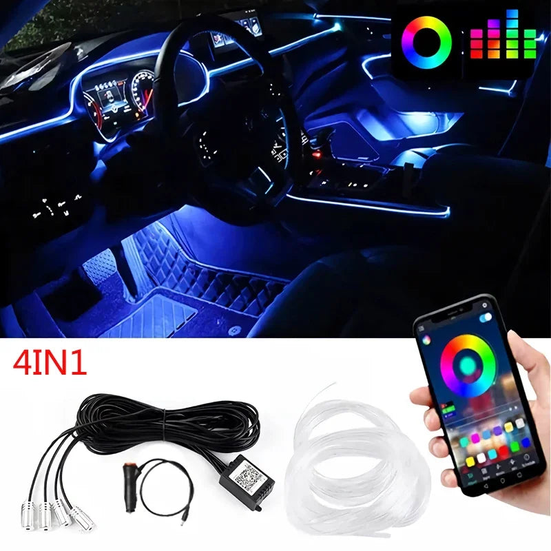 Flexible Neon EL Wire Light – RGB LED Strip with App Control for Car Interior Decoration (12V)