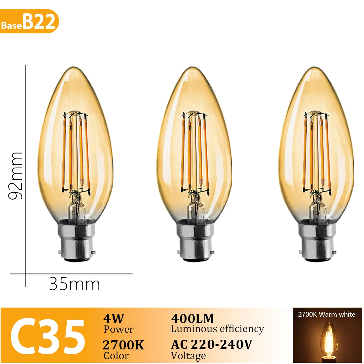 3PCS Vintage Edison LED Bulbs – E27/B22/E14 – Warm Retro Glass Light (C35/A60/ST64)
