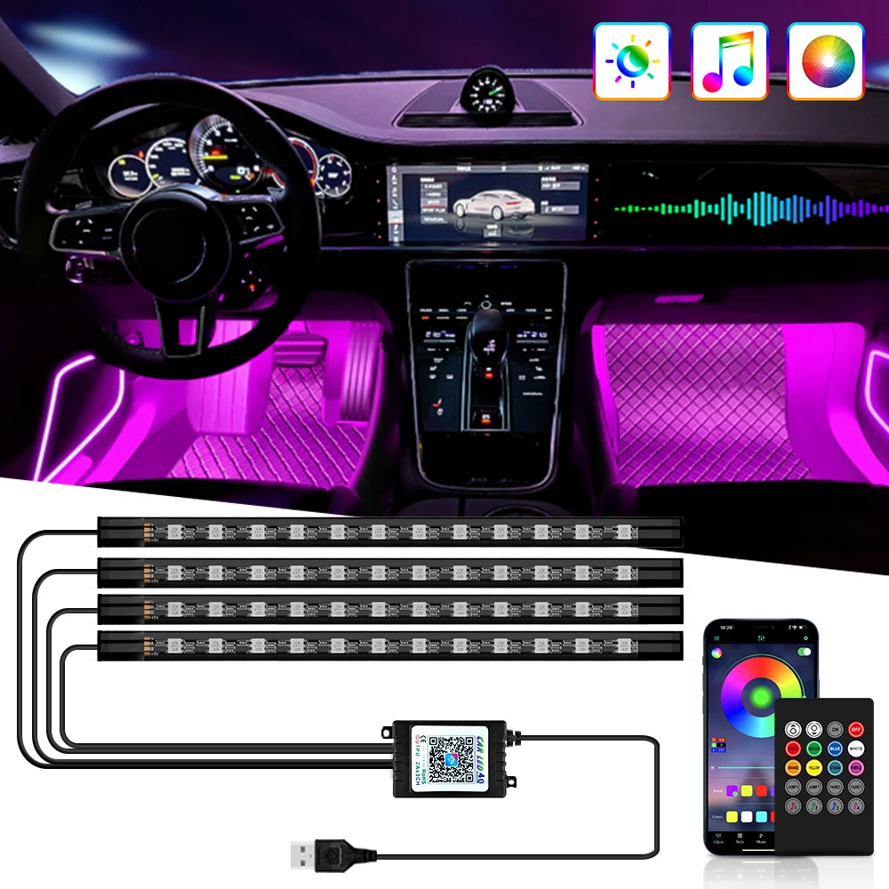 RGB Neon Car Interior LED Light – USB, App & Remote Control, Music Sync Ambient Lamp
