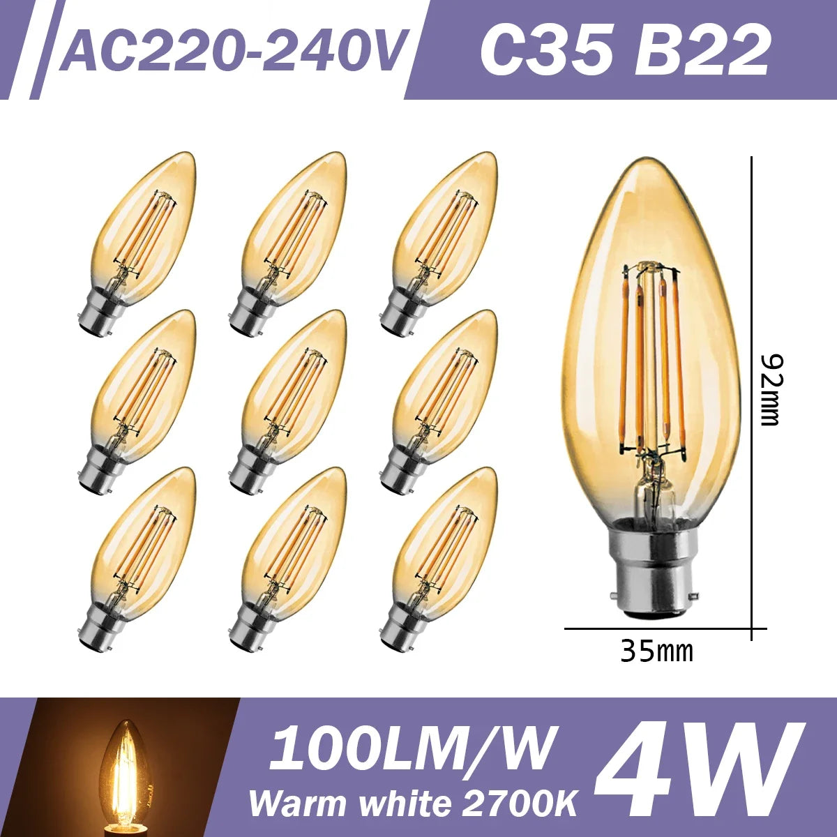 10 LED Filament Bulbs – Retro Style, E27 E14 B22, 220V, Warm & Neutral White, G45 A60 G80 G95 Shapes