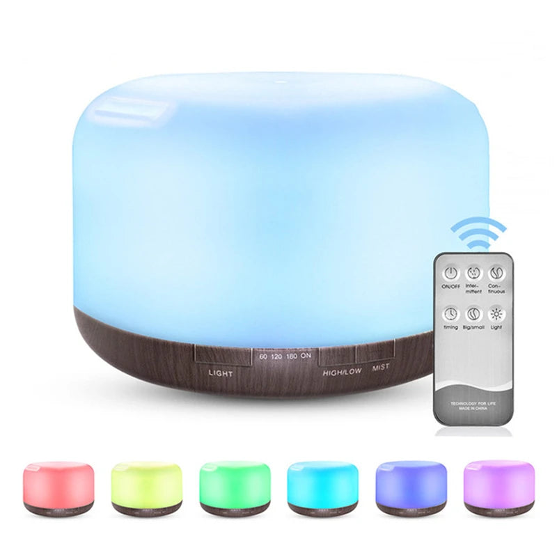 500ML Wood Grain Aroma Diffuser – USB Essential Oil Humidifier with Remote & Colourful LED Lights