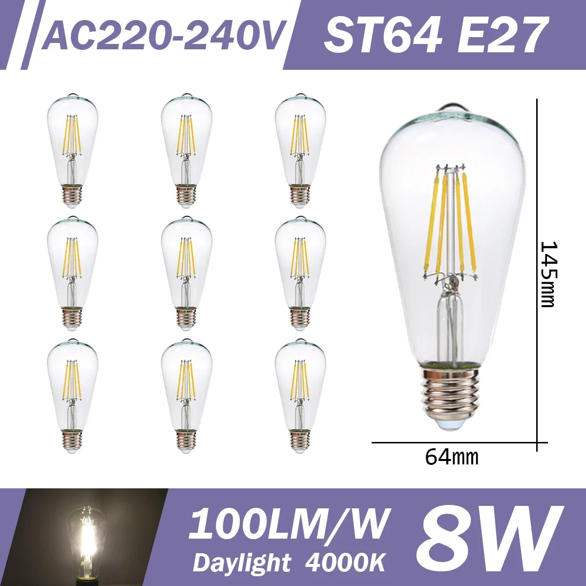 10 LED Filament Bulbs – Retro Style, E27 E14 B22, 220V, Warm & Neutral White, G45 A60 G80 G95 Shapes