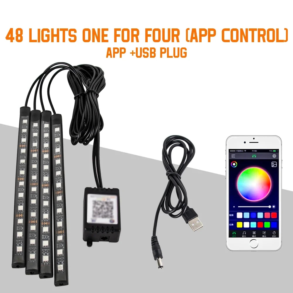 RGB Neon Car Interior LED Light – USB, App & Remote Control, Music Sync Ambient Lamp