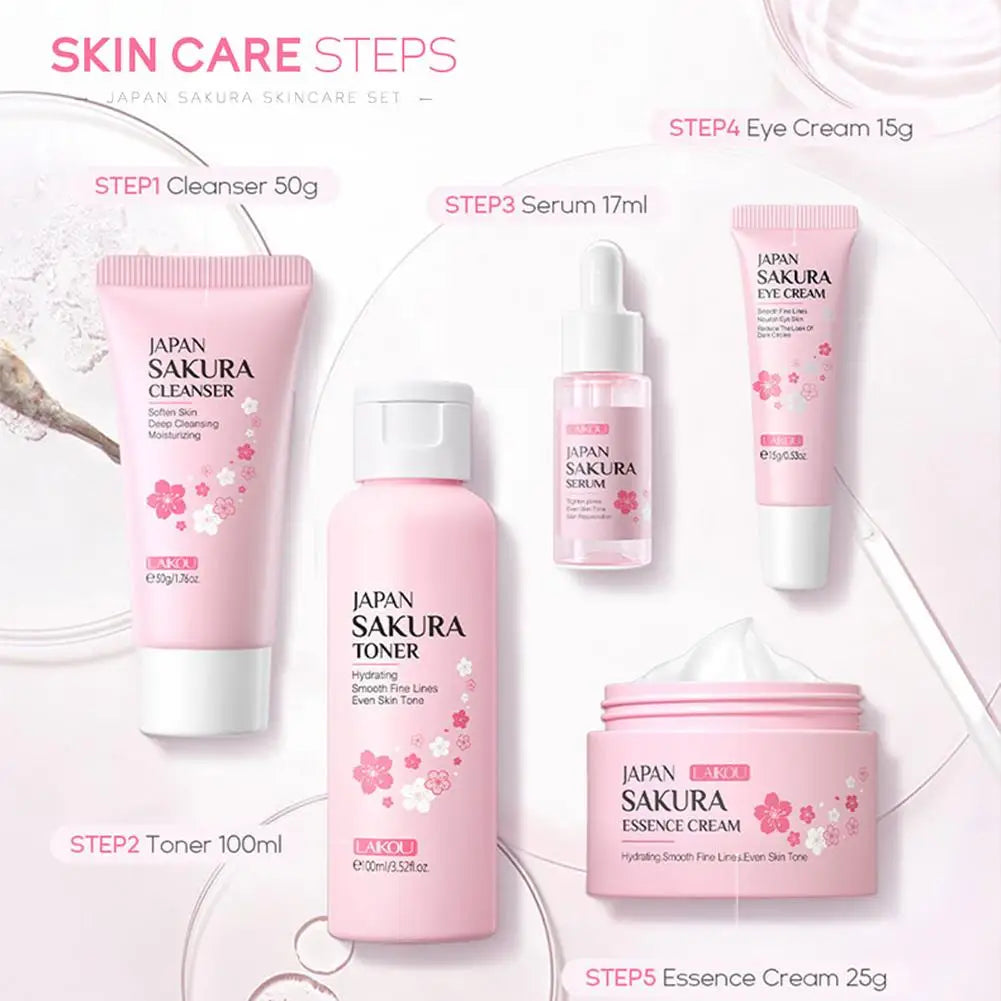 Sakura Skin Care Set – 5/6 Pieces Face Cream, Serum, Toner, Cleanser, Sunscreen & Eye Cream