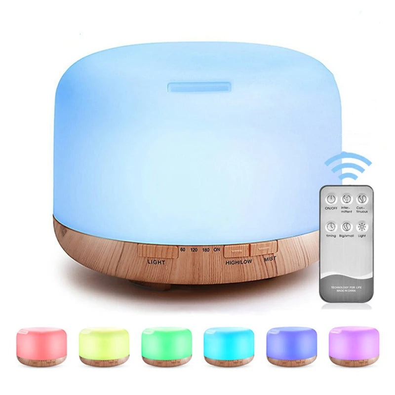 500ML Wood Grain Aroma Diffuser – USB Essential Oil Humidifier with Remote & Colourful LED Lights