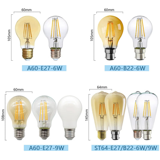 3PCS Vintage Edison LED Bulbs – E27/B22/E14 – Warm Retro Glass Light (C35/A60/ST64)