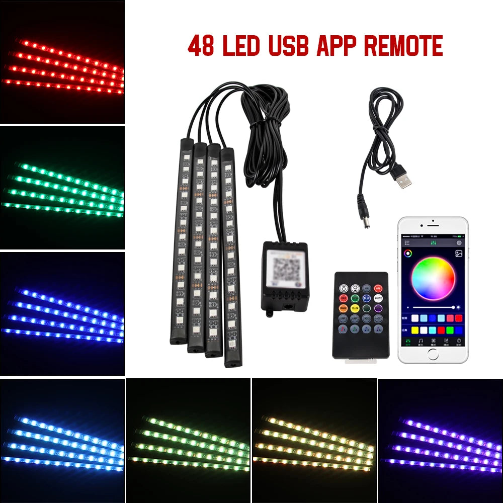 RGB Neon Car Interior LED Light – USB, App & Remote Control, Music Sync Ambient Lamp