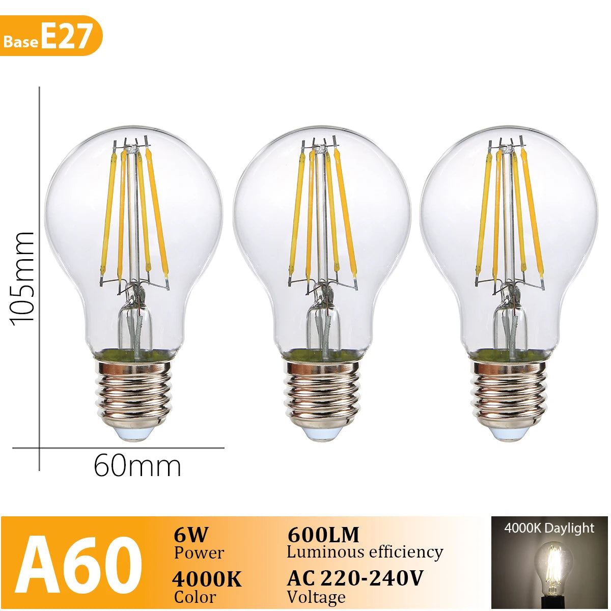 3PCS Vintage Edison LED Bulbs – E27/B22/E14 – Warm Retro Glass Light (C35/A60/ST64)