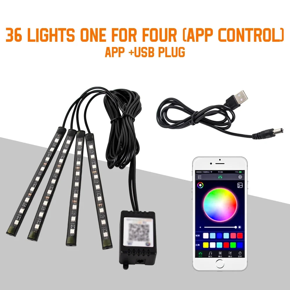 RGB Neon Car Interior LED Light – USB, App & Remote Control, Music Sync Ambient Lamp
