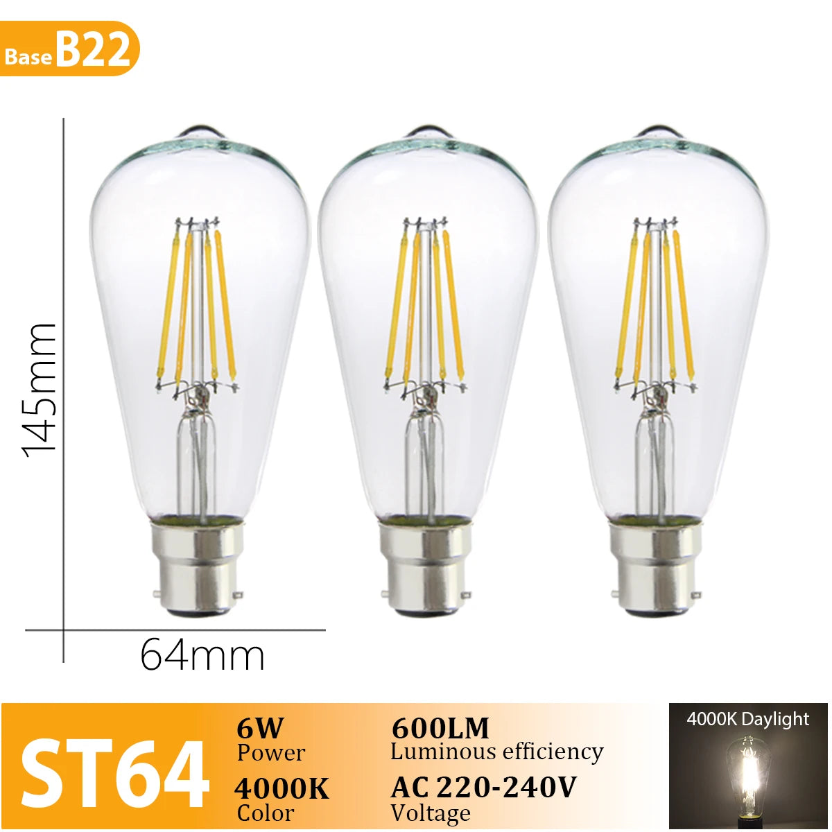 3PCS Vintage Edison LED Bulbs – E27/B22/E14 – Warm Retro Glass Light (C35/A60/ST64)