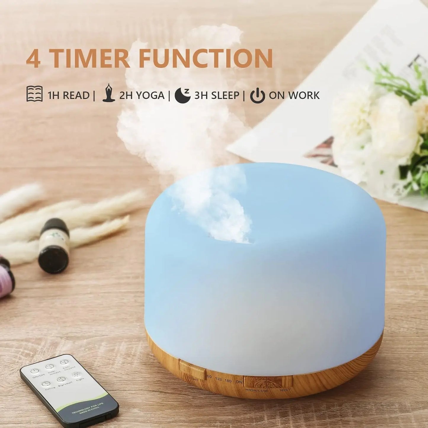 500ML Wood Grain Aroma Diffuser – USB Essential Oil Humidifier with Remote & Colourful LED Lights