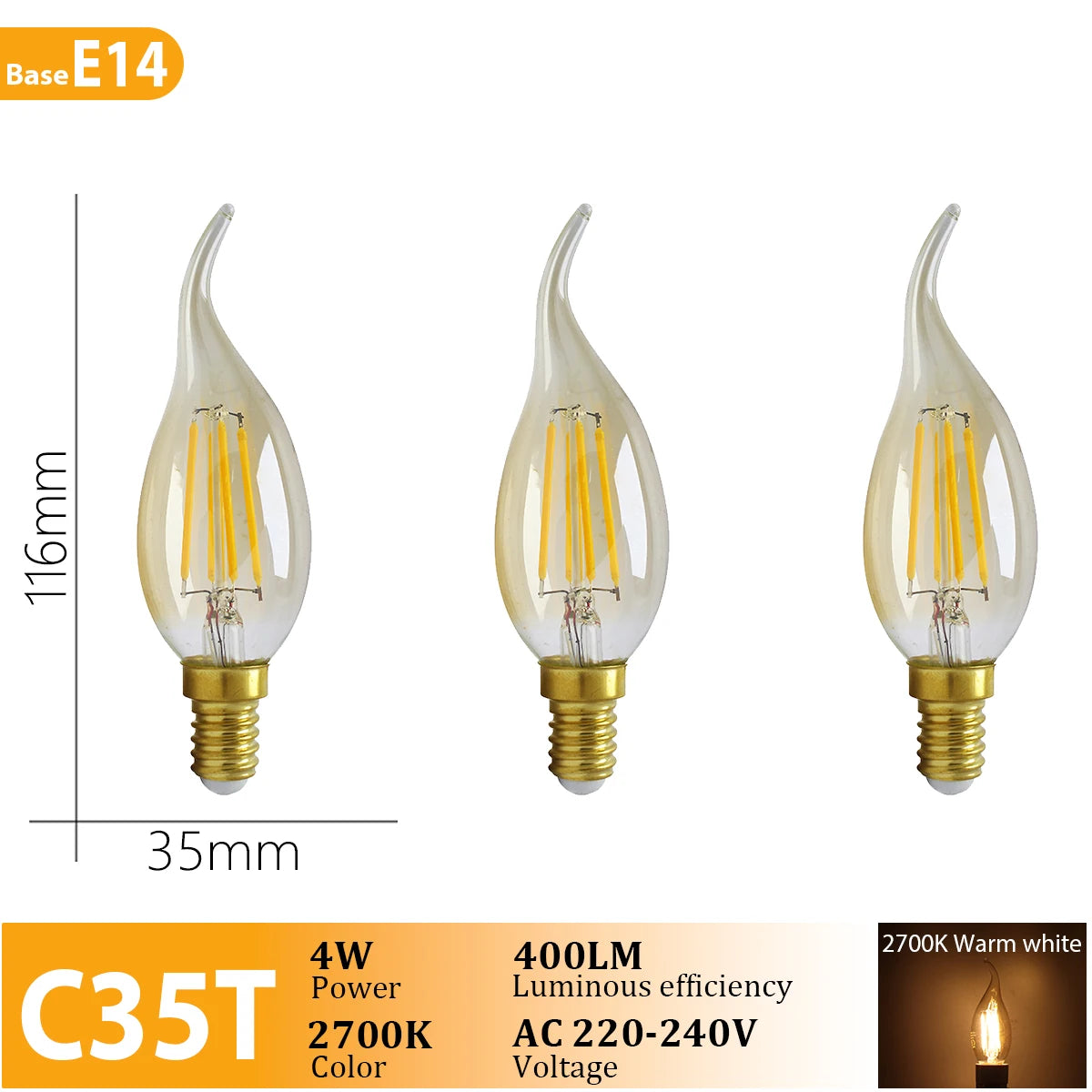 3PCS Vintage Edison LED Bulbs – E27/B22/E14 – Warm Retro Glass Light (C35/A60/ST64)