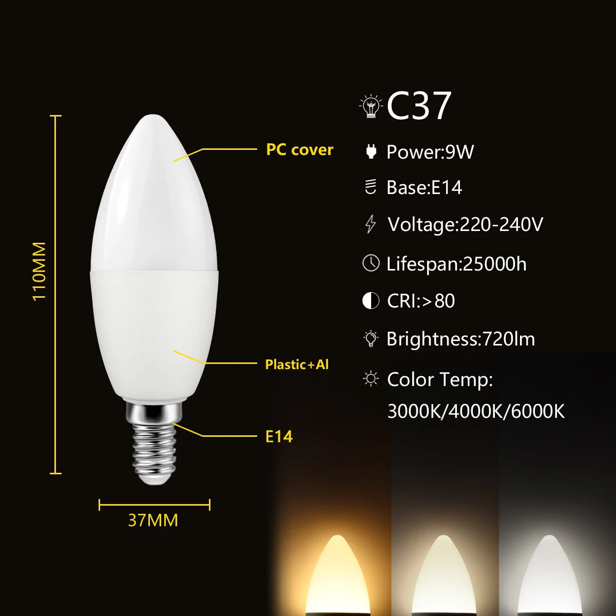 LED Candle Lamp 9W for Home & Office - E27/E14/B22
