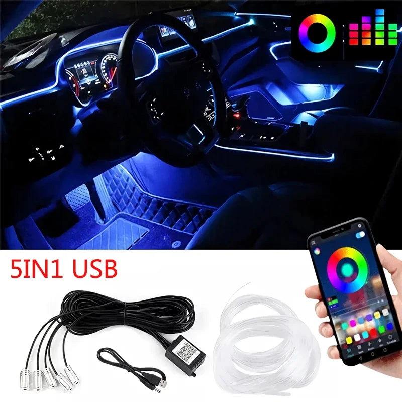 Flexible Neon EL Wire Light – RGB LED Strip with App Control for Car Interior Decoration (12V)