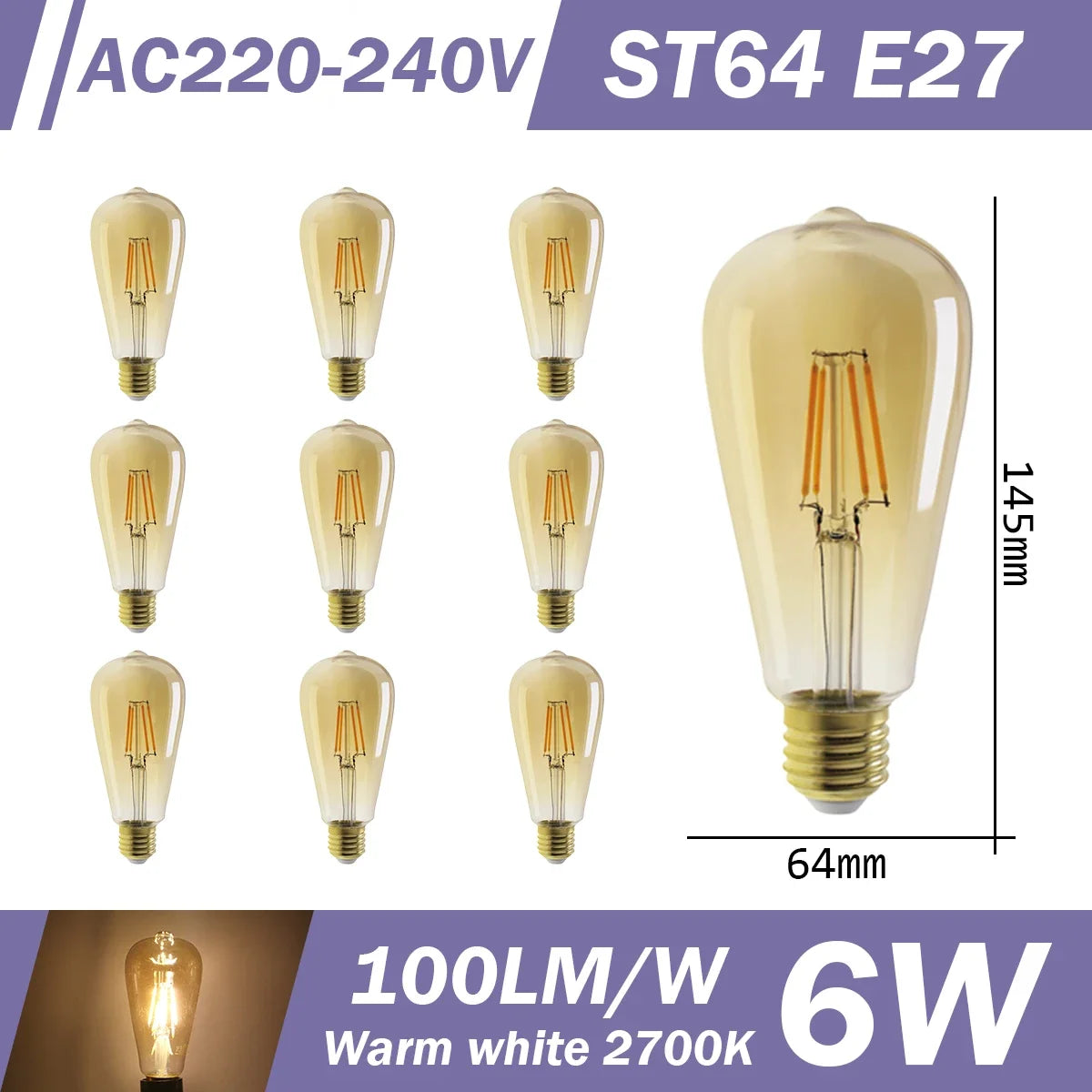 10 LED Filament Bulbs – Retro Style, E27 E14 B22, 220V, Warm & Neutral White, G45 A60 G80 G95 Shapes
