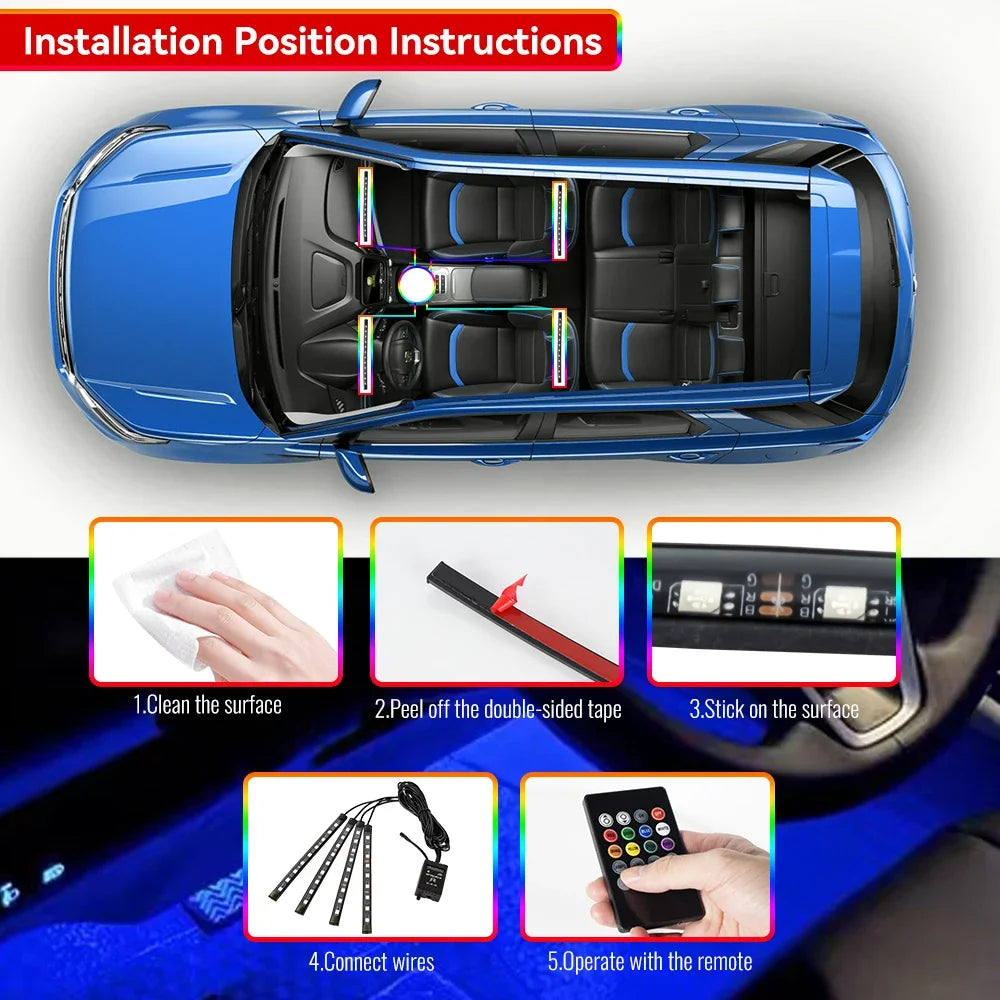 RGB Neon Car Interior LED Light – USB, App & Remote Control, Music Sync Ambient Lamp