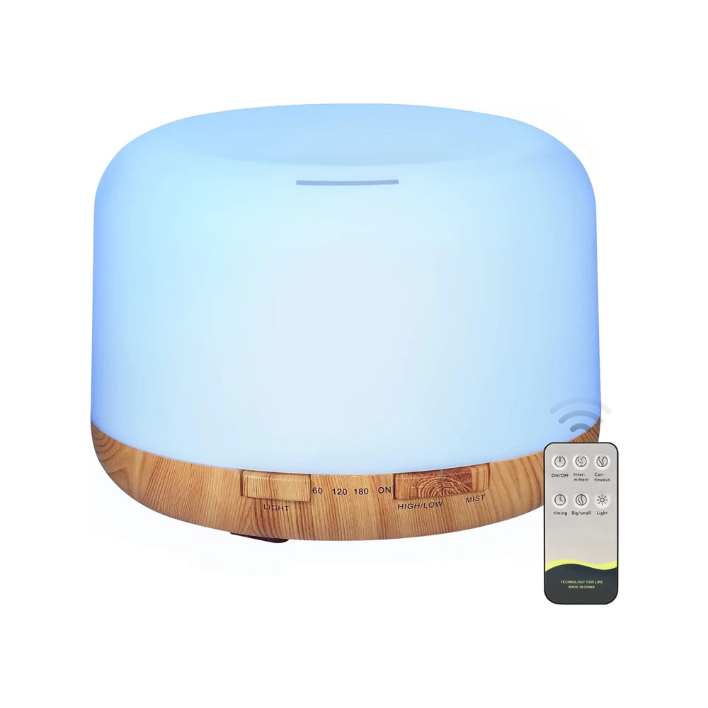 500ML Wood Grain Aroma Diffuser – USB Essential Oil Humidifier with Remote & Colourful LED Lights