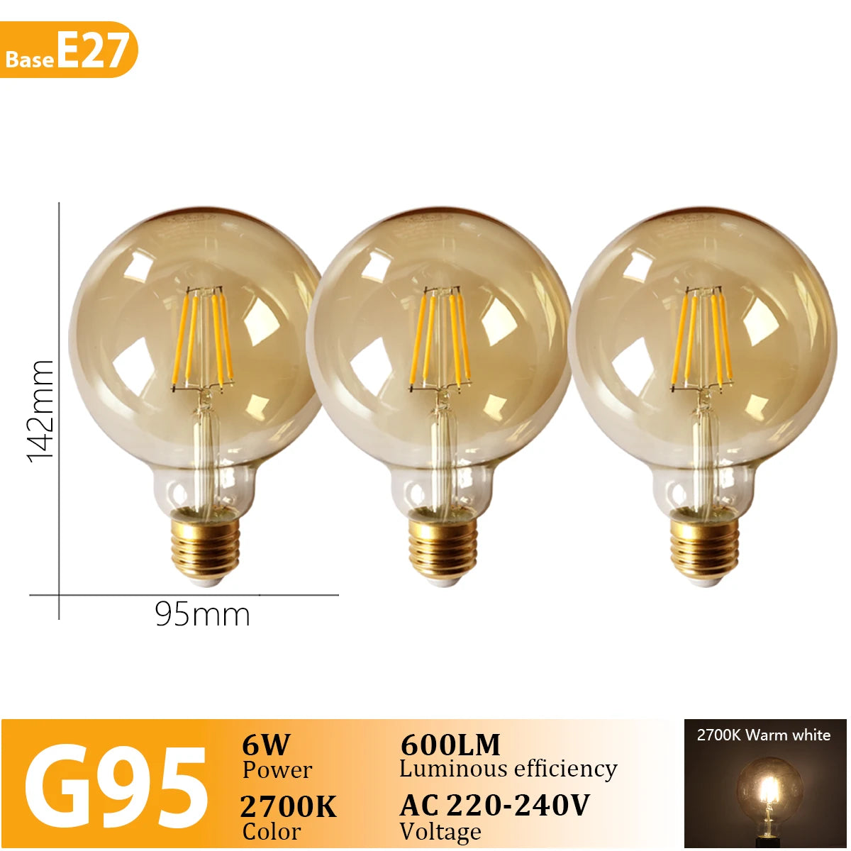3PCS Vintage Edison LED Bulbs – E27/B22/E14 – Warm Retro Glass Light (C35/A60/ST64)