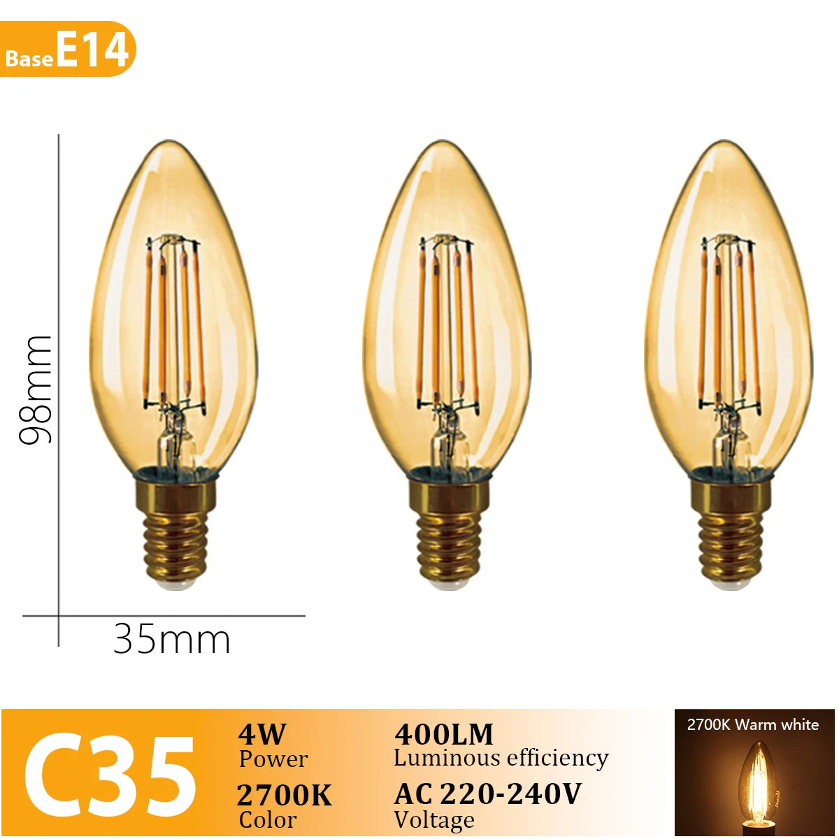 3PCS Vintage Edison LED Bulbs – E27/B22/E14 – Warm Retro Glass Light (C35/A60/ST64)