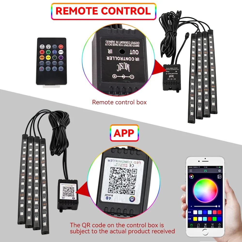 RGB Neon Car Interior LED Light – USB, App & Remote Control, Music Sync Ambient Lamp