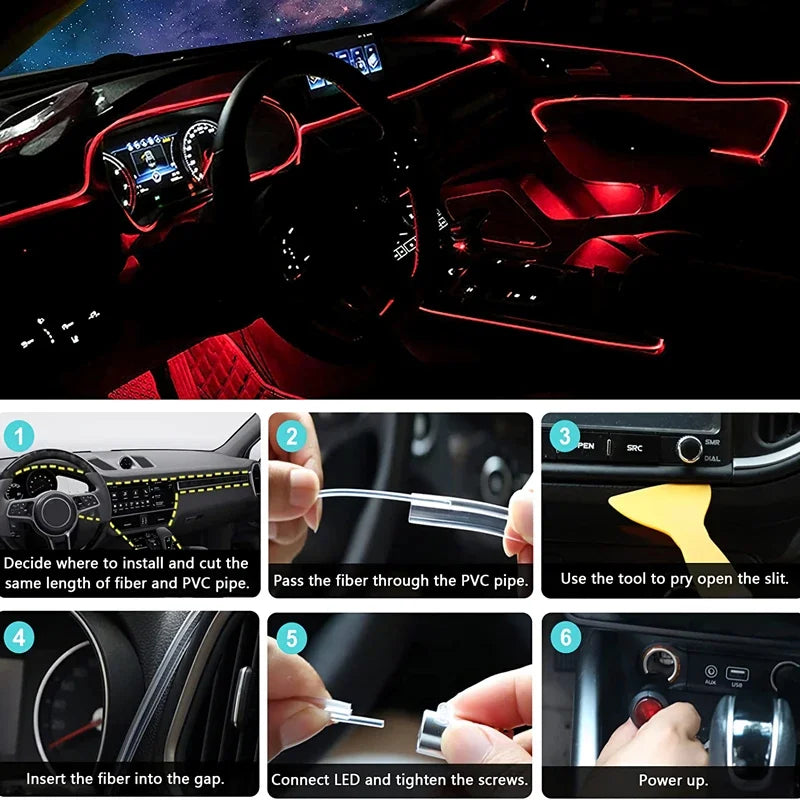 Flexible Neon EL Wire Light – RGB LED Strip with App Control for Car Interior Decoration (12V)
