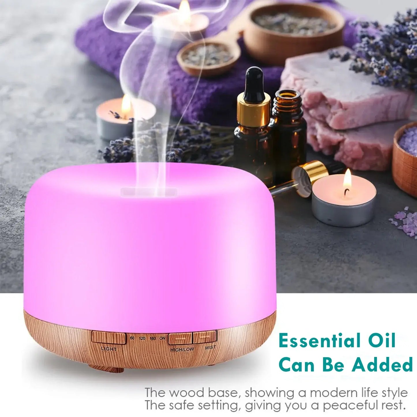 500ML Wood Grain Aroma Diffuser – USB Essential Oil Humidifier with Remote & Colourful LED Lights