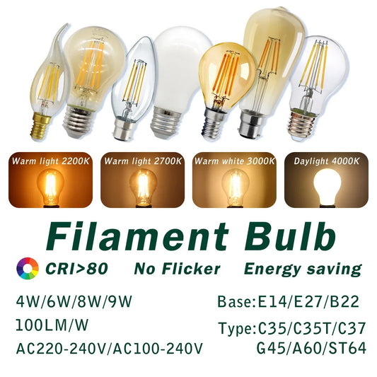 10 LED Filament Bulbs – Retro Style, E27 E14 B22, 220V, Warm & Neutral White, G45 A60 G80 G95 Shapes