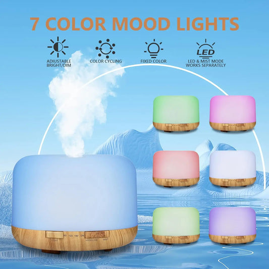 500ML Wood Grain Aroma Diffuser – USB Essential Oil Humidifier with Remote & Colourful LED Lights