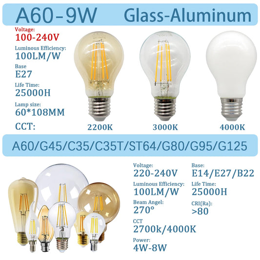 3PCS Vintage Edison LED Bulbs – E27/B22/E14 – Warm Retro Glass Light (C35/A60/ST64)